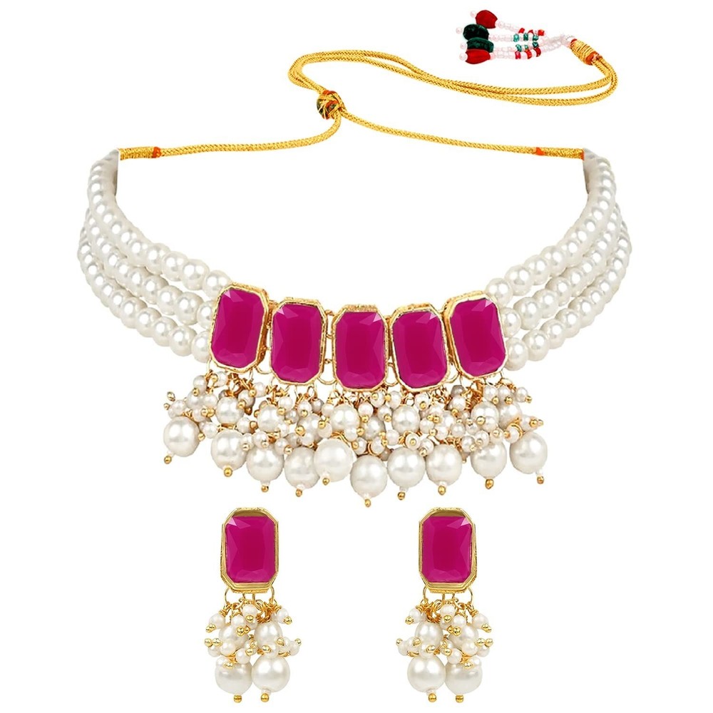 Gold-Plated Indian Bollywood Wedding Pearl and Stone Choker Necklace
