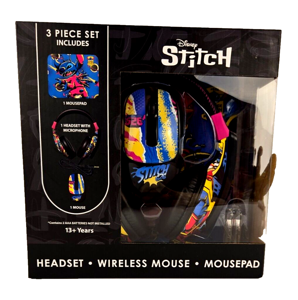 NEW Disney Stitch Headset with Microphone, Wireless Mouse, Mouse Pad Tech Bundle