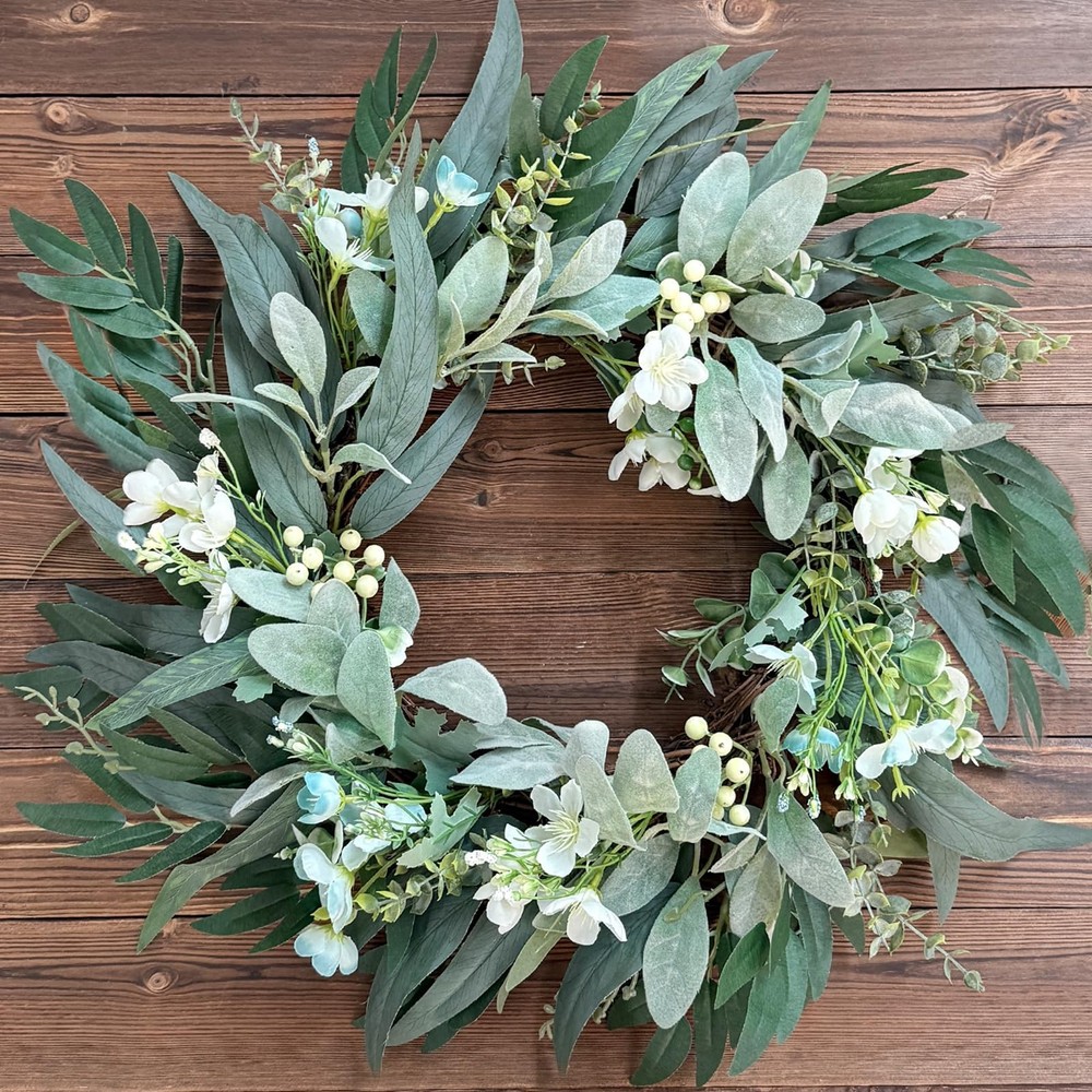 24-Inch Artificial Lambs Ear Spring Wreath for Year-Round Front Door Decor