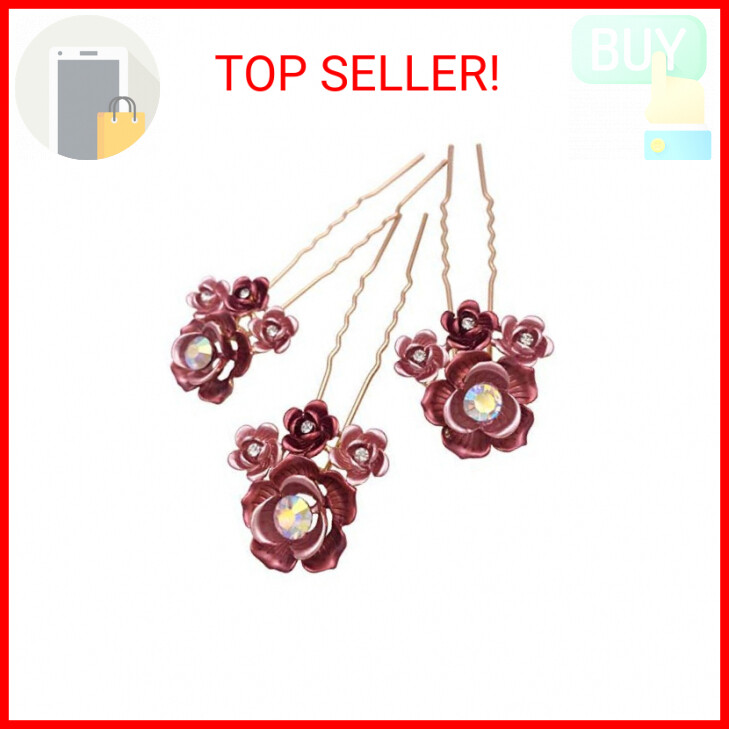 3PCS Romantic Red Rose Gold Hair Pins for Bun Updo Wedding Accessories