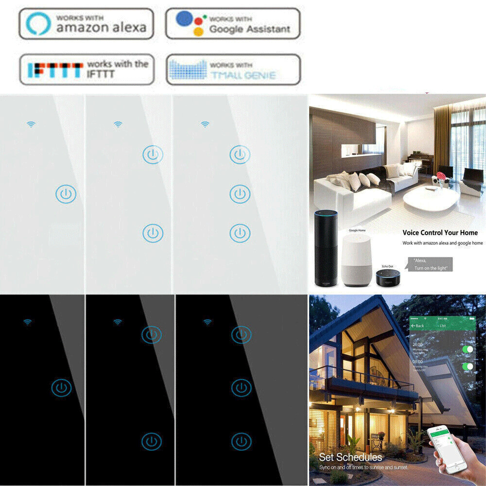 1/2/3 Gang WIFI TUYA Smart Home Wall Switch Touch Glass Panel LED Light Switch.
