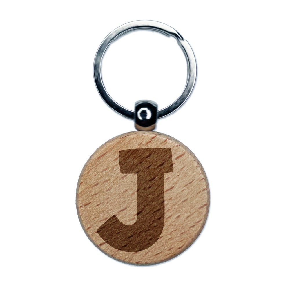 Engraved Wood Keychain with Bold Fun Letter J Uppercase Charm