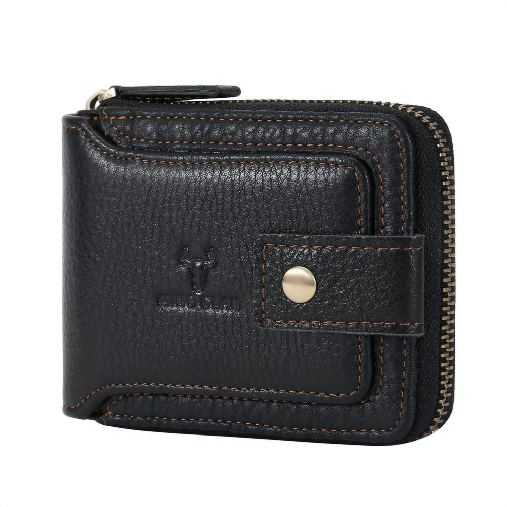 Slim RFID Blocking Leather Bifold Zipper Wallet for Men with ID Flap