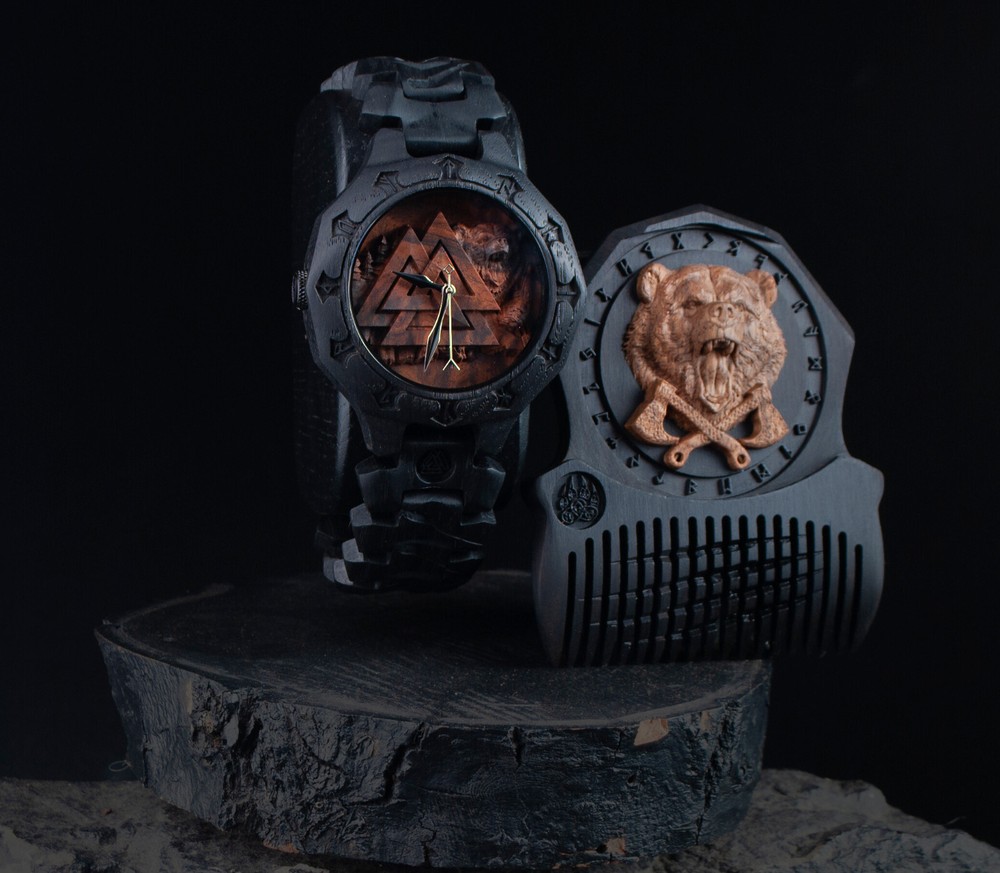 Gift set for men Wooden Handcrafted Viking watch with bog beard comb