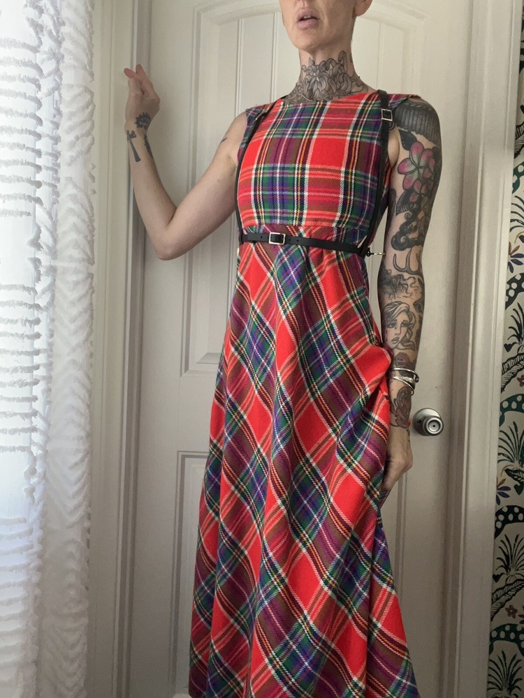 Vtg 70s Carol Evans Tartan Plaid Empire Midi Dress Punk Vivienne Westwood XS