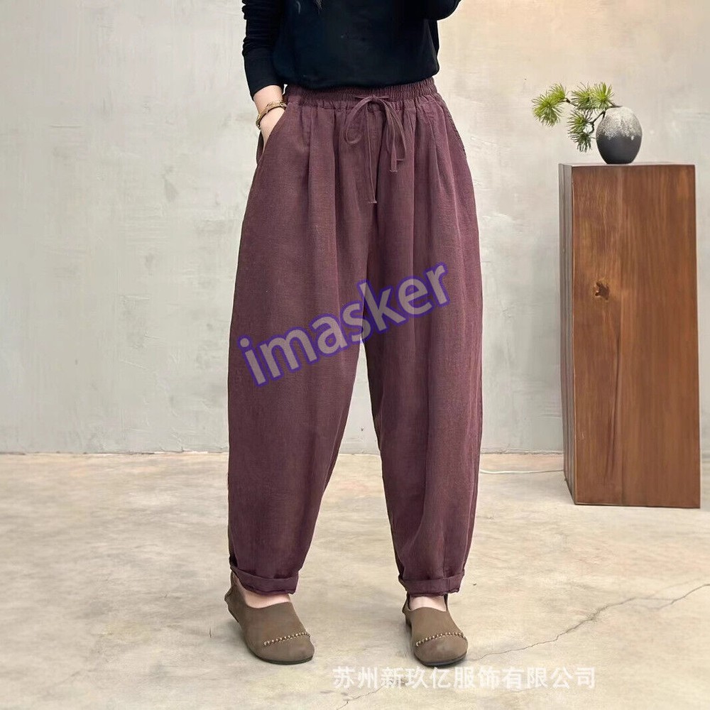 Retro Ramie Casual Pants Women's Elastic Waist Loose Padded Cotton Pants Trouser