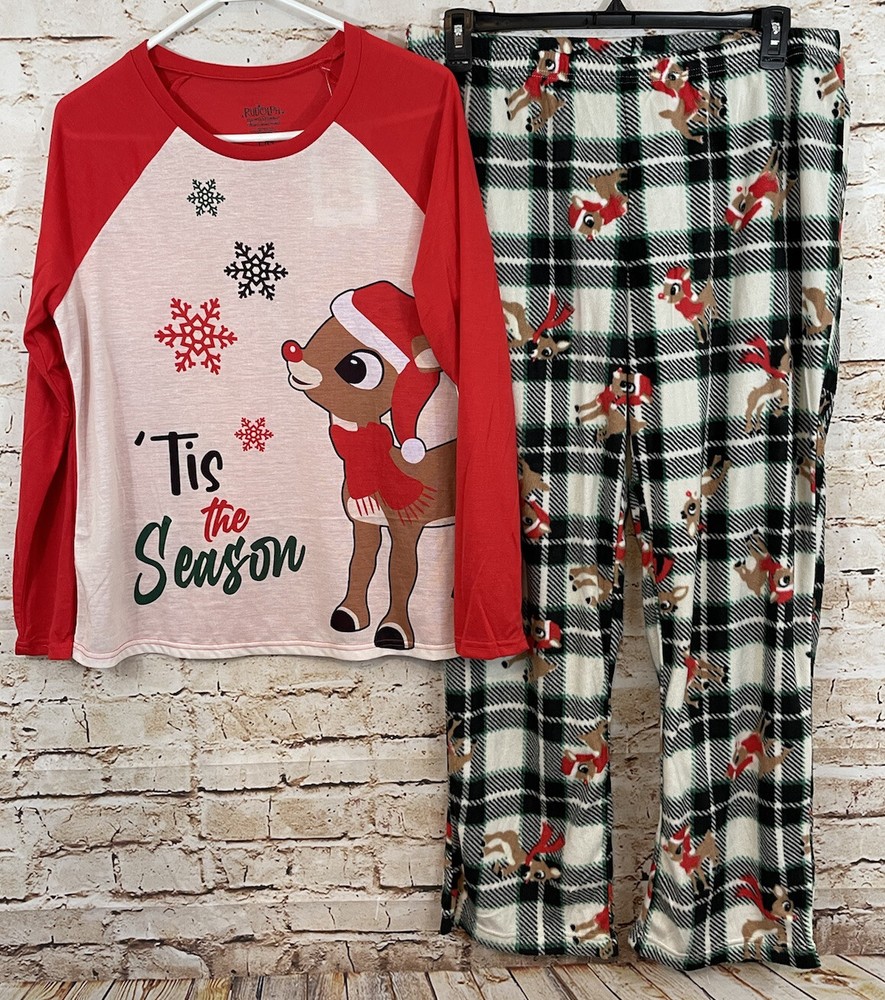 NEW Christmas Rudolph pajamas womens Large set Jammies reindeer fleece plaid red