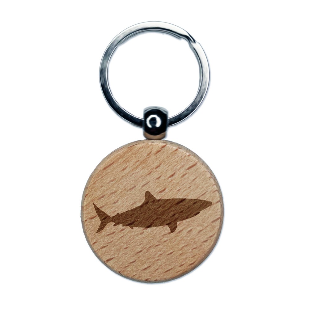 Shark Solid Engraved Wood Round Keychain Tag Charm