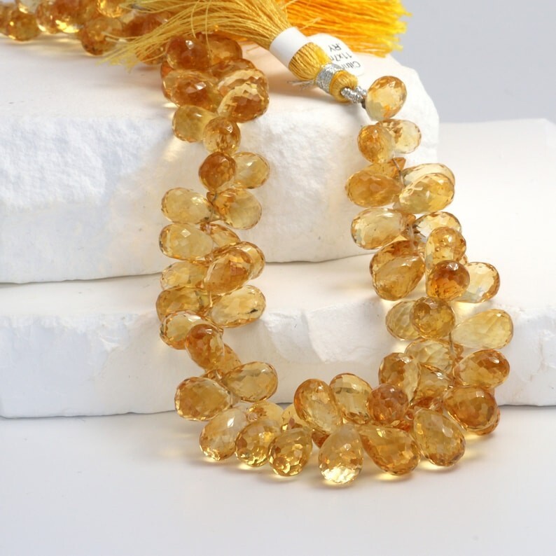 Natural Yellow Citrine Faceted Teardrop Briolette Gemstone Beads 10Pcs Handmade