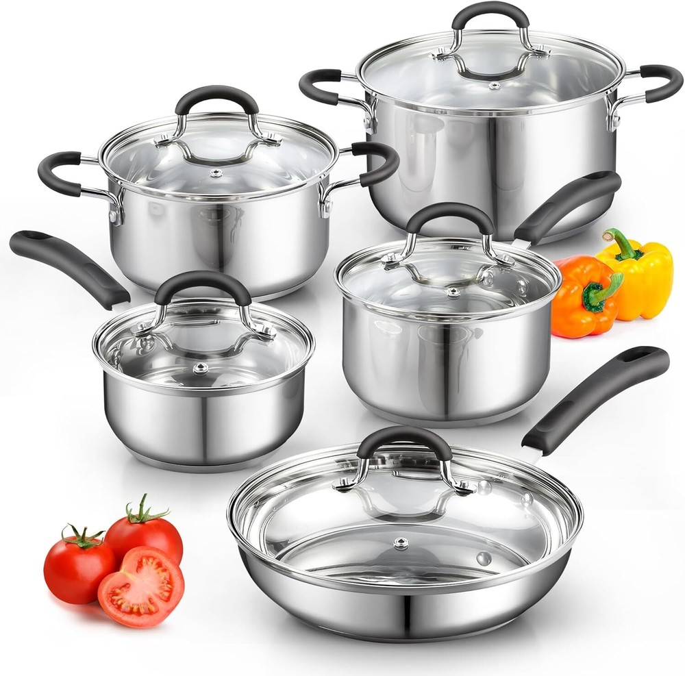 10-PIECE STAINLESS STEEL COOKWARE SET, STAY-COOL HANDLES, DISHWASHER SAFE.......