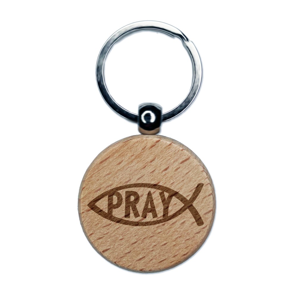 Pray Ichthys Fish Christian Sketch Engraved Wood Round Keychain Tag Charm