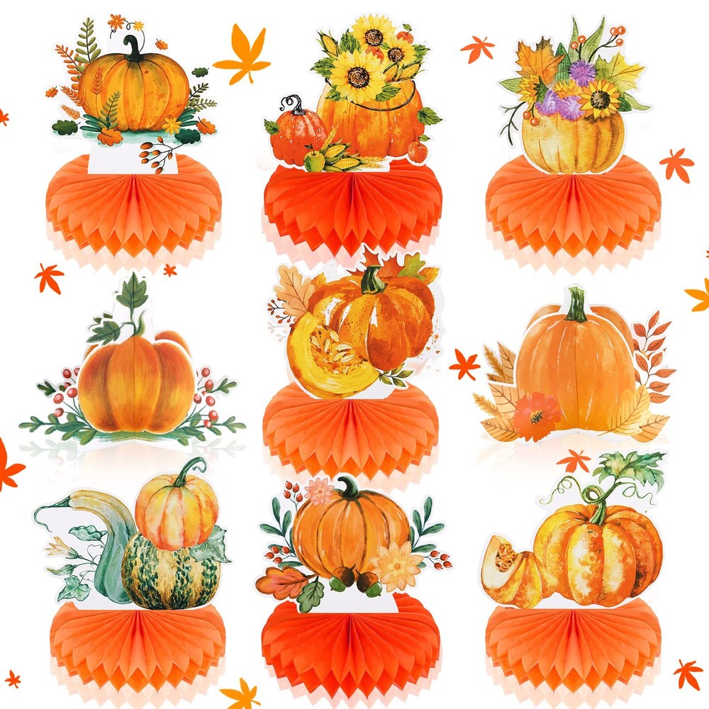 9 Pieces Fall Pumpkin Party Decorations Thanksgiving Party Honeycomb Centerpi...