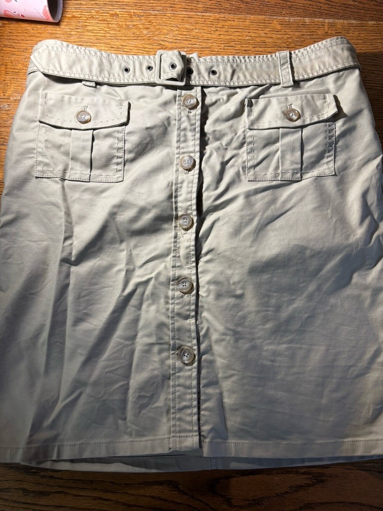 Women's Ann Taylor khaki stretch button front skirt, stitching accent, belted 14