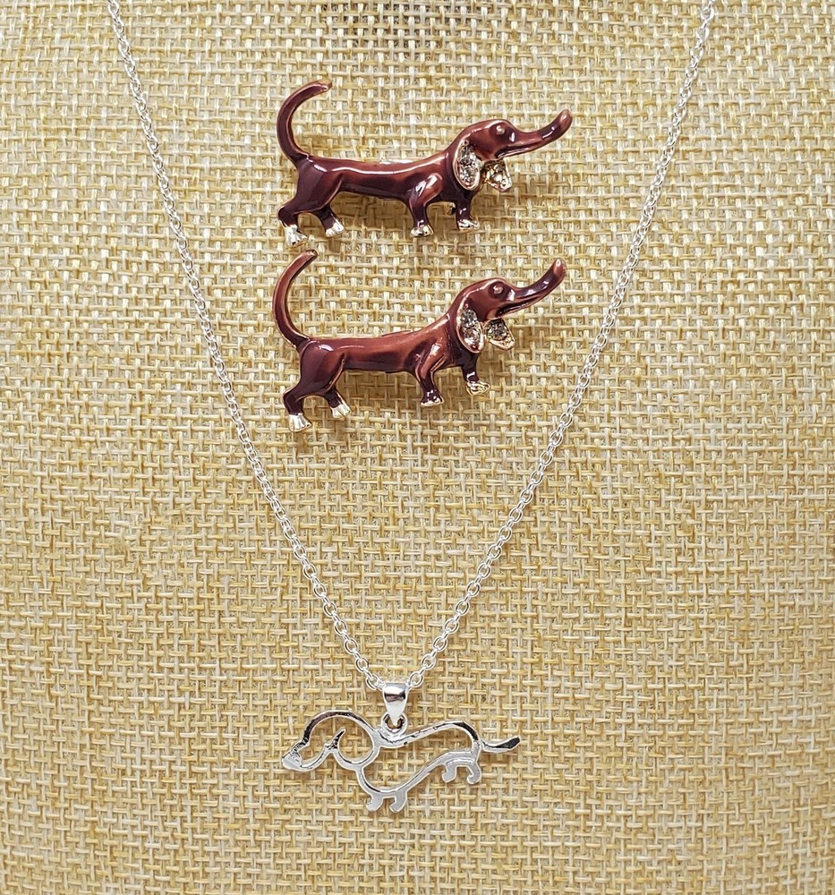 Dachshund Weiner Dog Jewelry - Silver Tone Necklace & 2 Enamel & Rhinestone Pins
