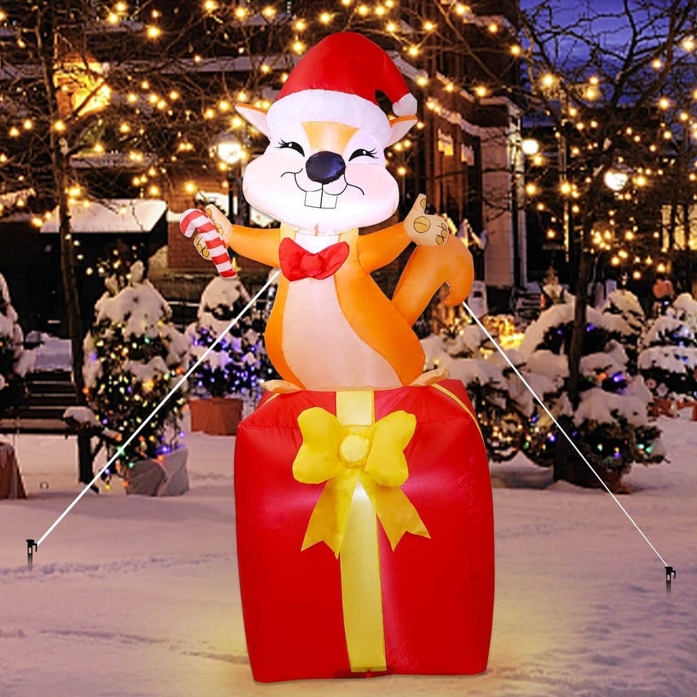Christmas Inflatable Decoration, 5FT Blowup Squirrel Standing on The Gift Box...