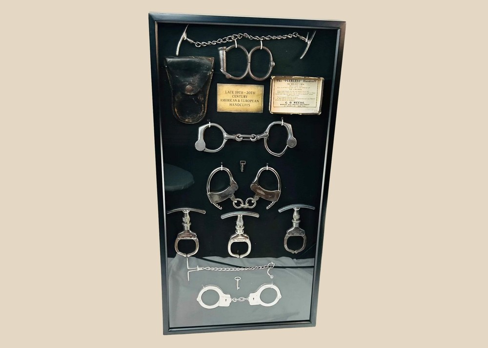 Framed Antique Handcuffs & Restraint Collection | 19th–20th Century Police Artif
