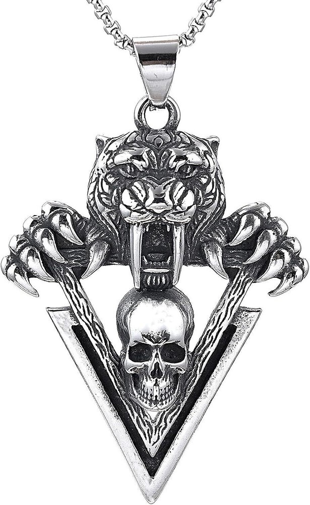 Men's Stainless Steel Tiger Skull Pendant Necklace with 24 Inch Box Chain  