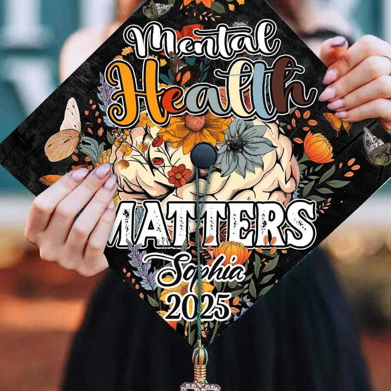 Custom Mental Health Grad Cap Topper - Personalized Psychology Graduation Decoration-image