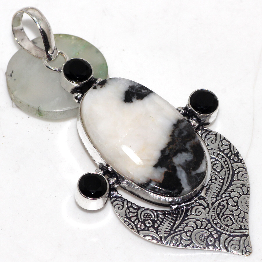 White Buffalo Turquoise Black Onyx Gemstone Pendant 3 Inch Aesthetic Jewelry JW