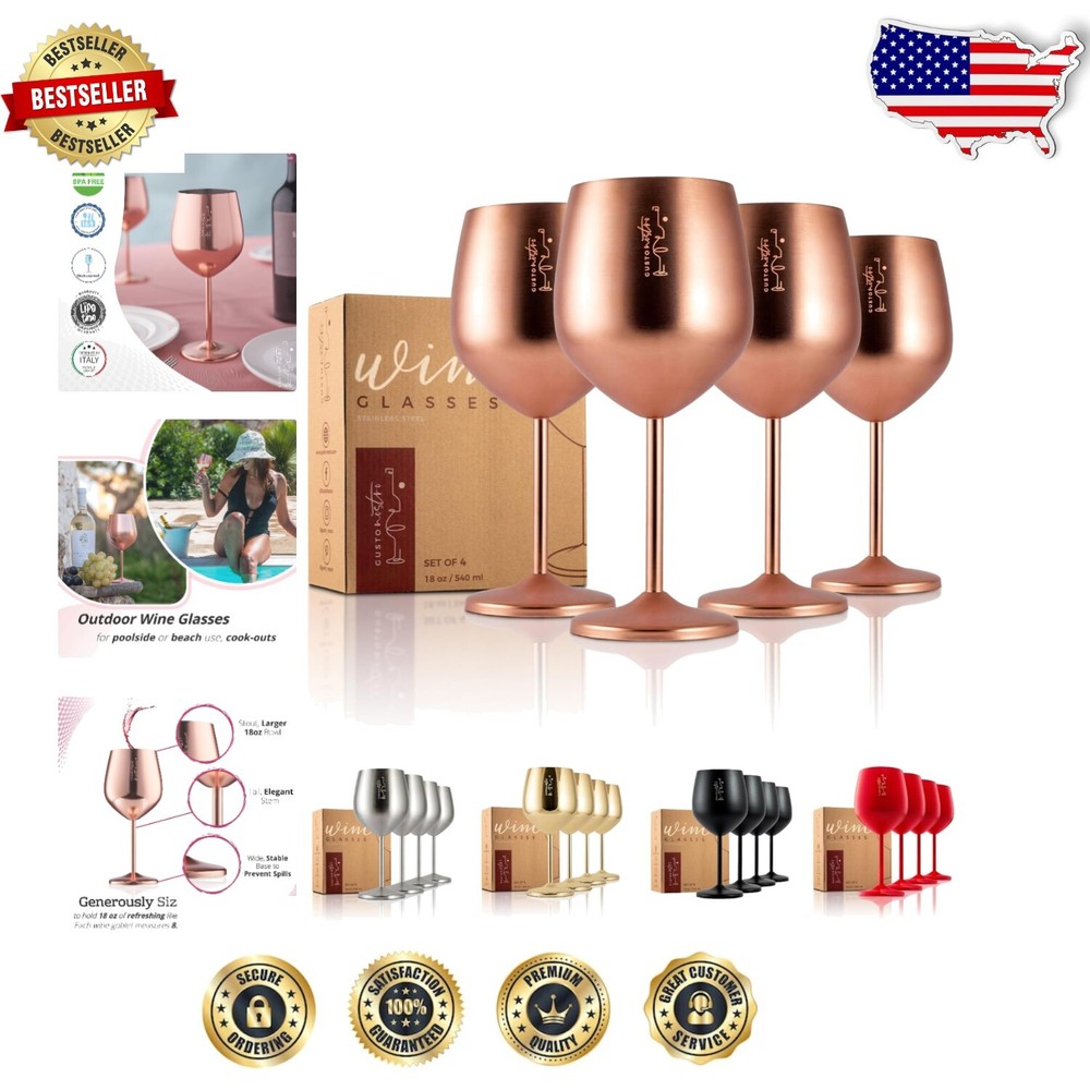 Set of 4 Rose Gold Unbreakable Stainless Steel Wine Glasses - Travel Ready