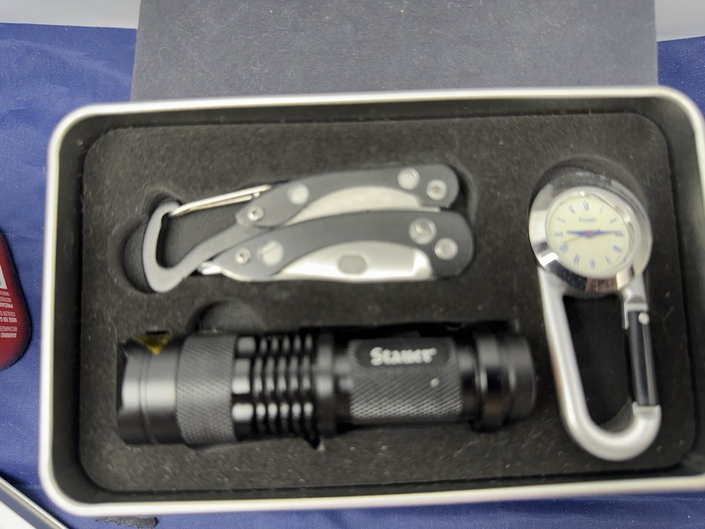 Stauer Survival Kit with Stainless Steel Box Flashlight Watch and Multitool