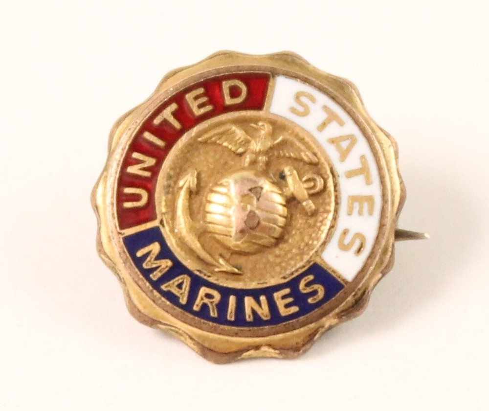 WWII United States Marines Gold Red White and Blue Enamel Round Pin C clasp