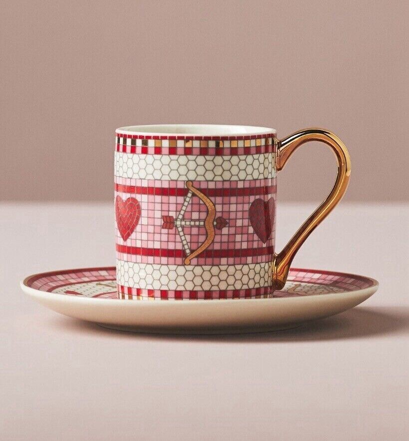 New-Boxed Anthropologie Bistro Tile- Valentine’s Collection Espresso Cup&Saucer