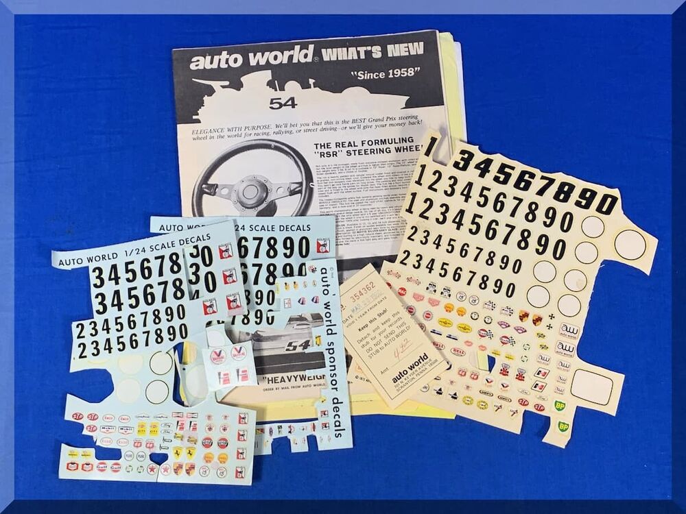 1960s 1970s 1980s AUTO WORLD HO 124 SLOT CAR RACING WATER SLIDE DECALS PAPERWORK