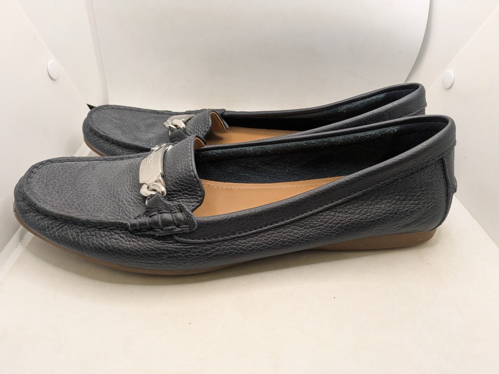 Coach Black Olive Pebbled Leather Loafers Size 9.5 B Gold Logo