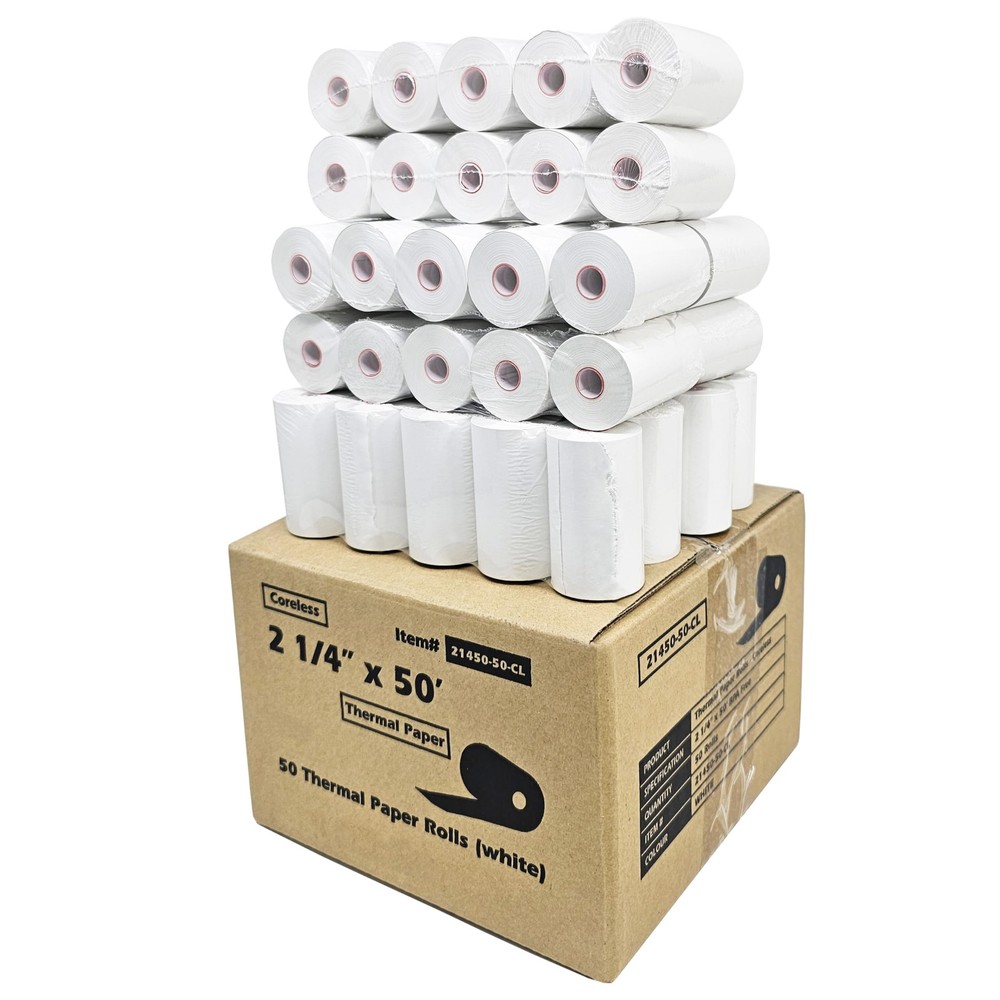 50 Coreless Thermal Receipt Rolls 2.25 x 50 for Credit Card Terminals