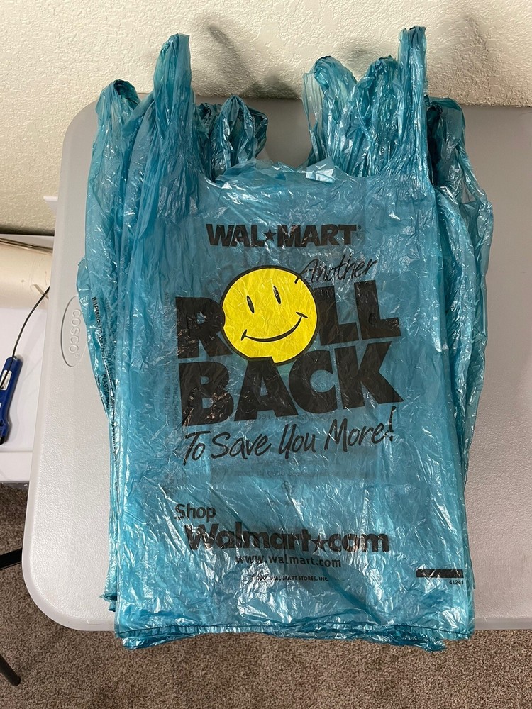 Lot 14 Walmart Blue Roll Back Smiley Face Plastic Shopping Bags 2001 VINTAGE