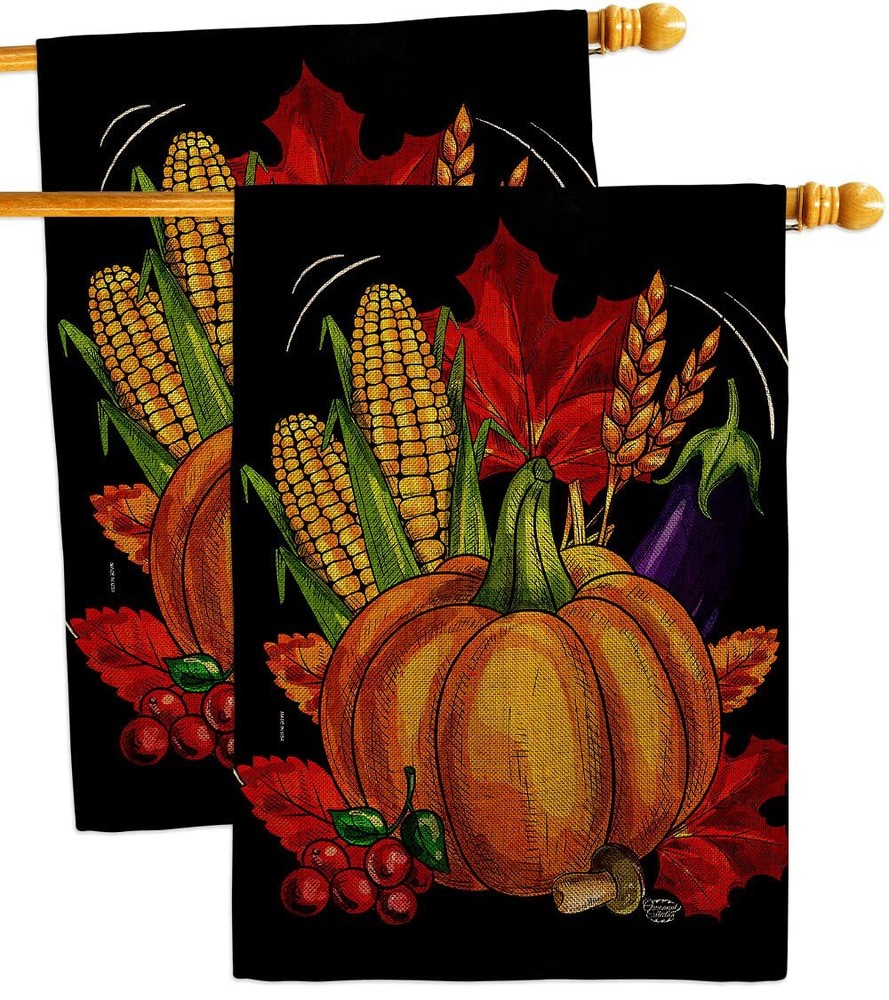Traditional Thanksgiving Burlap House Flag - 2 pcs Pack Fall Harvest & Autumn...