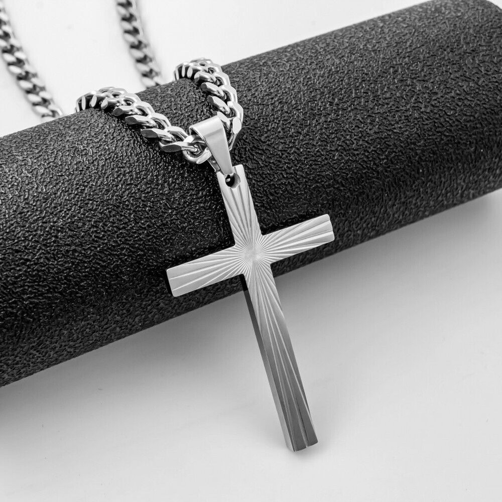 Men Women Ray Cross Cuban Necklace Stainless Steel Simple Pendant Chain Gift