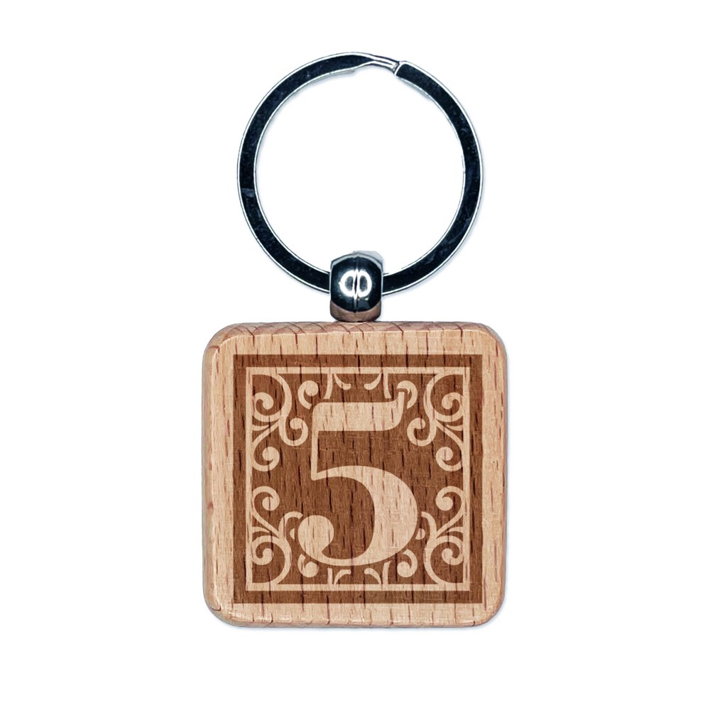 Monogram Swirls Engraved Wood Keychain Tag Charm Number 5 Five