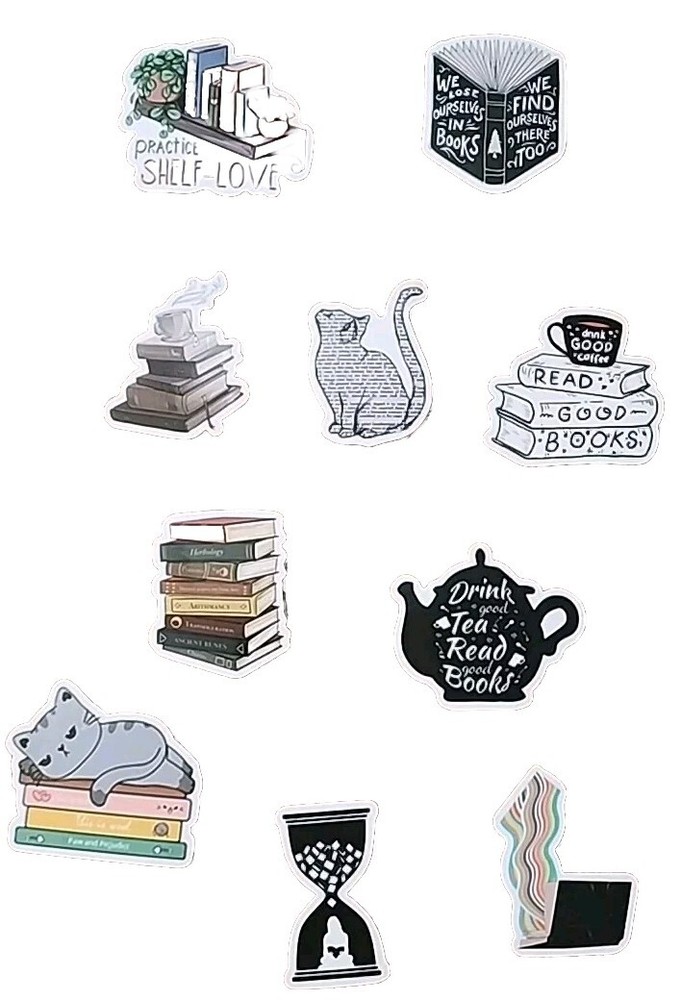 Book Cat Hourglass Stickers Kindle Scrapbooking Set x10 Cats Books Lot Plants