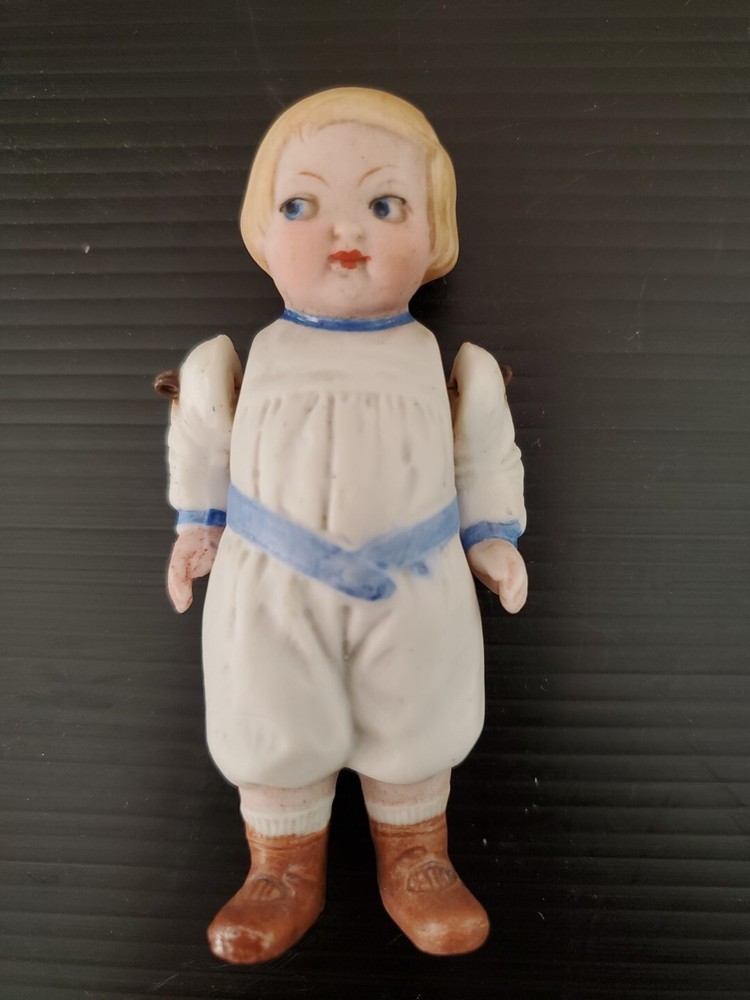 Vintage German Hertwig All Bisque Doll with Wire-Jointed Arms and Molded Clothes