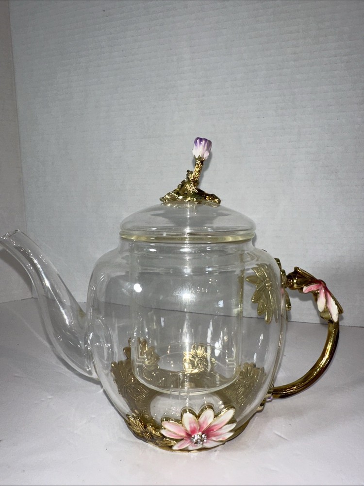 Adorable Flower Clear Glass Teapot Stunning Addition to Your Tea Collection 15D