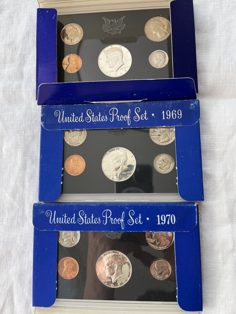 US Proof Set 1968-70 Lot of 3 ea w/ 40% Silver Kennedy Half Dollar OGP