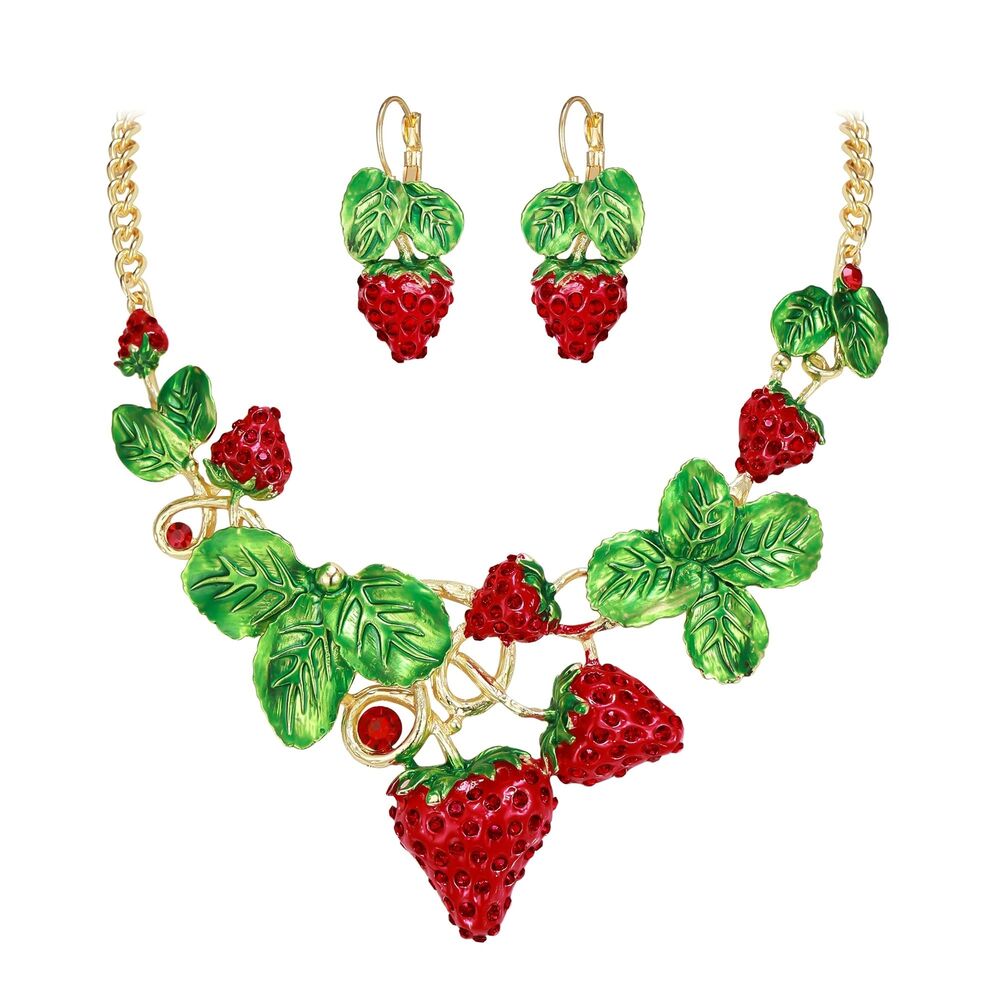 EVER FAITH Women's Austrian Crystal Sweet Strawberry Leaf Necklace Earrings Set