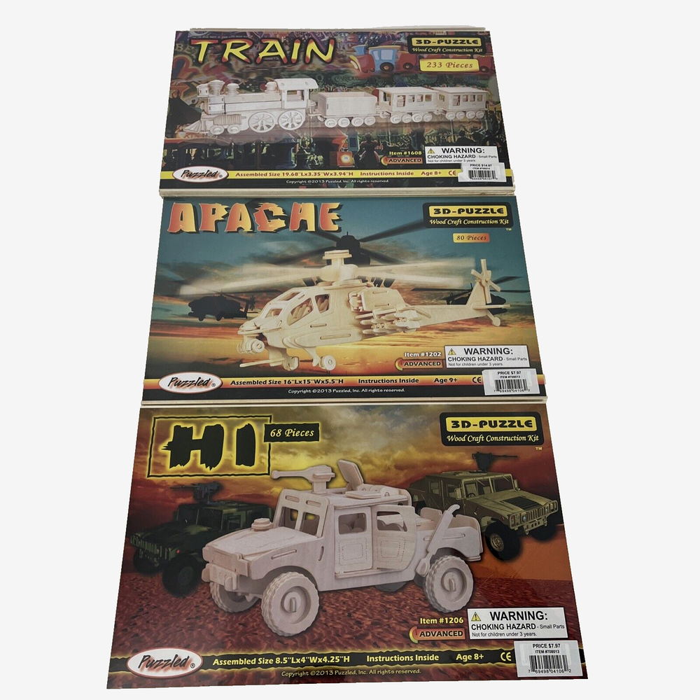 Puzzled 3-D Wood Craft Construction Kit Lot Of 3 Puzzles