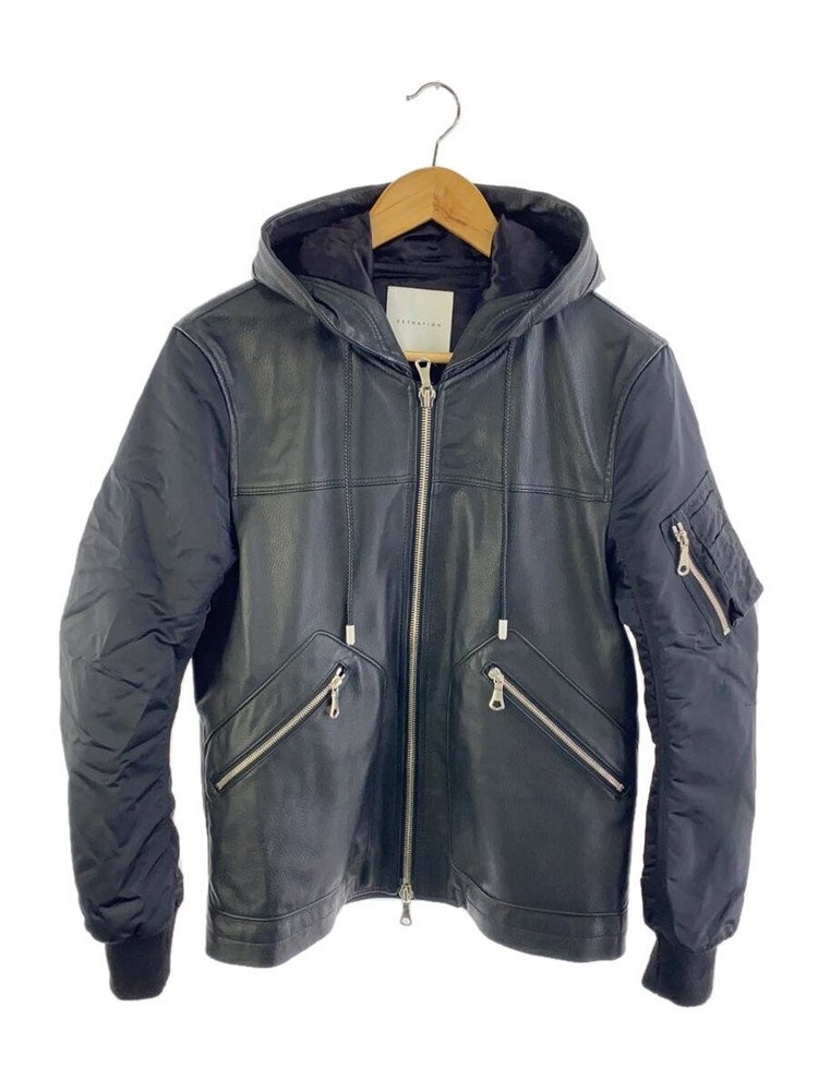 Estnation Hooded Leather Jacket with Sleeve Options - Sheepskin Blouson in Black Size M 1306