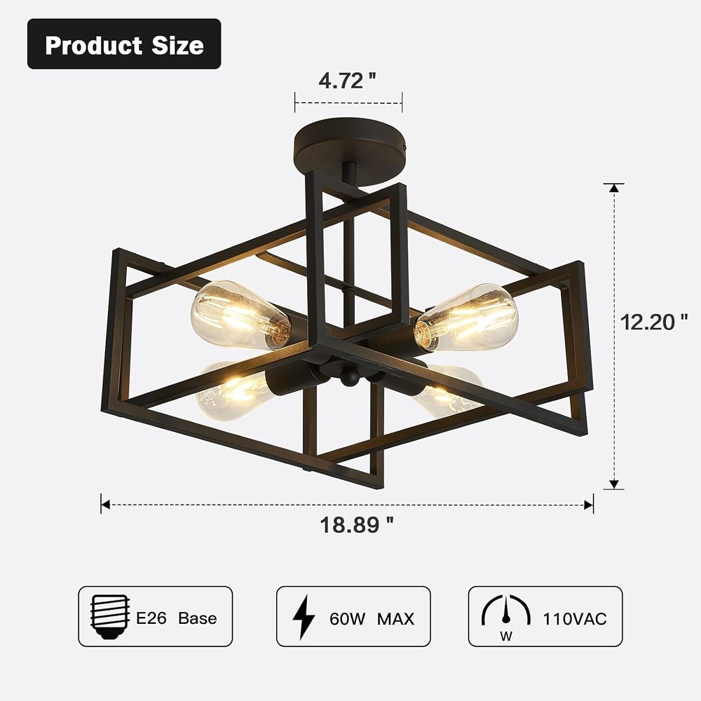 Black Industrial 4-Light Metal Semi Flush Mount Ceiling Fixture