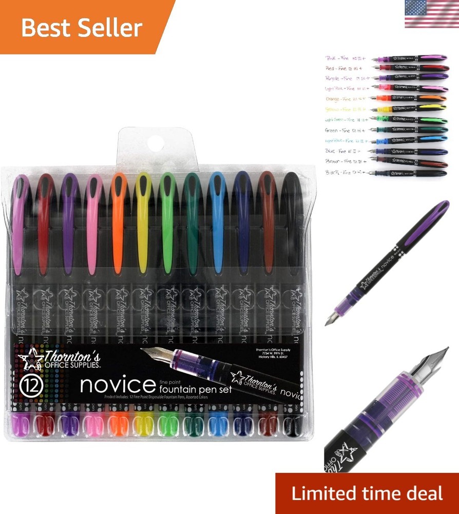 Pack of 12 Disposable Fine Fountain Pens for Art & Calligraphy - Assorted Colors