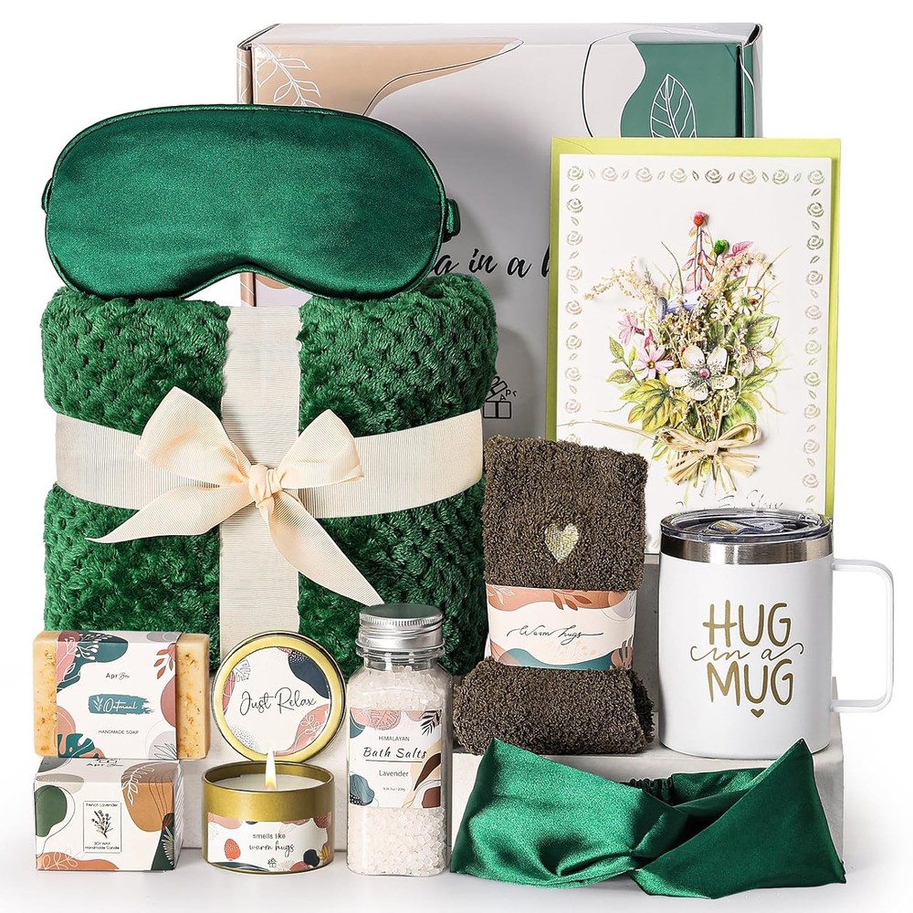 Self Care Gift Basket for Women Birthday Relaxing Spa Set Gifts Emerald green