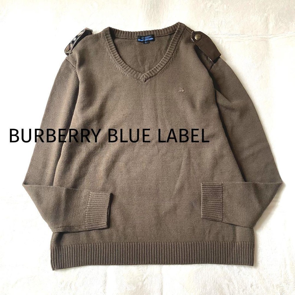 Burberry Blue Label Wool V-Neck Sweater Logo Embroidery Epaulets Khaki Used