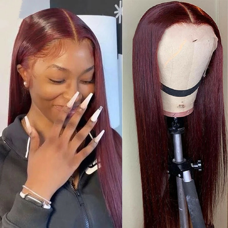 Sexy Burgundy Red Long Straight Lace Front Synthetic Wig Glueless