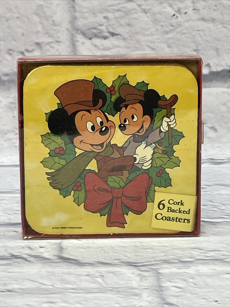 Vintage Mickey Mouse Christmas Coasters Set - 6 Disney Cork-Backed Pieces
