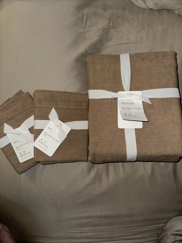 Pottery Barn Belgian Flax Linen Duvet in Bronze with 2 Euro Shams King California New With Tags  