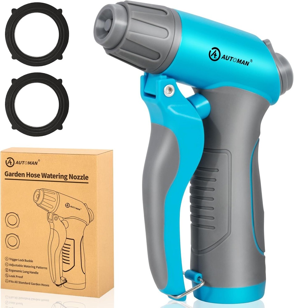 AUTOMAN Garden Hose Nozzle, 4 Adjustable Patterns Sprayer, Royal Blue