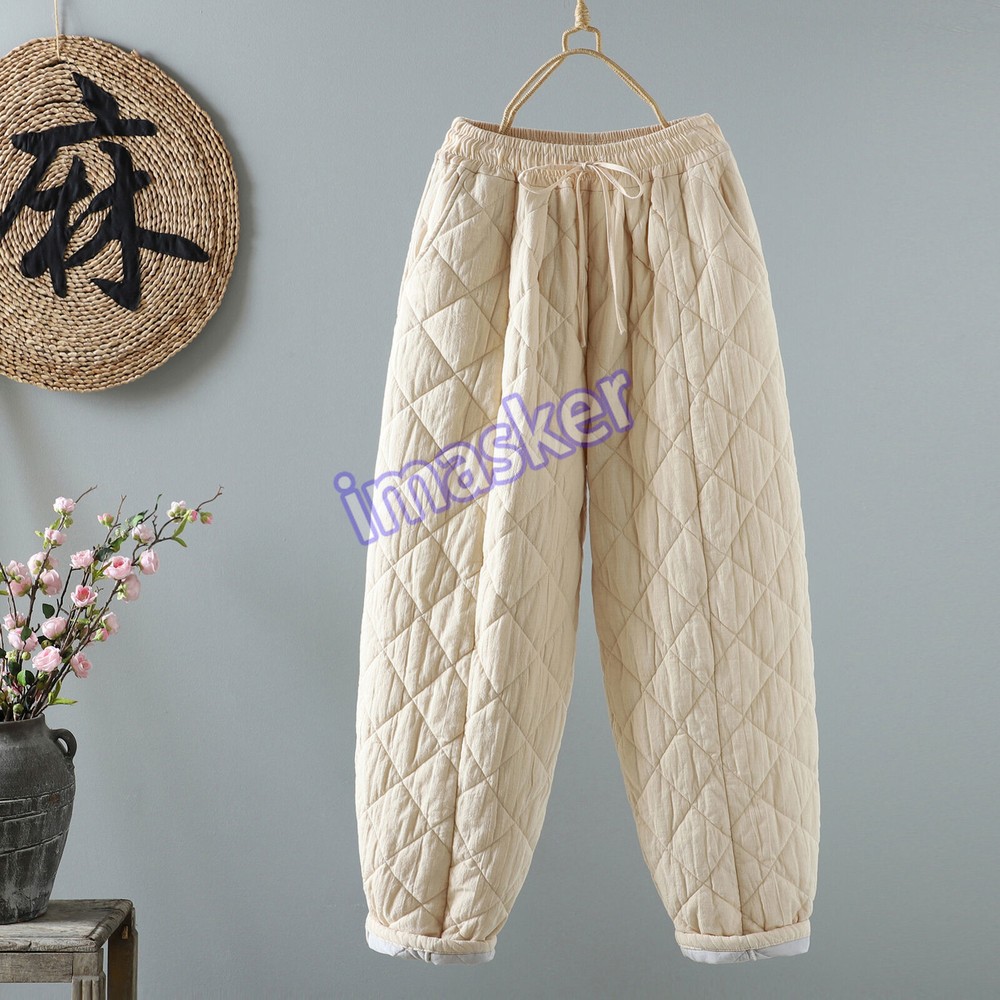 Womens Linen High Waist Lace Up Padded Pants Winter Warm Casual Quilted Trousers